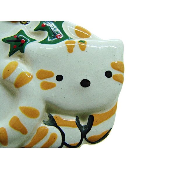 Ceramic Tabby Cat Hanging Christmas Ornament/Keychain Yellow White Green Decor - Picture 6 of 9